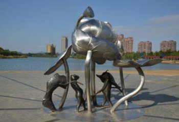 三明蓮蓬嬉戲雕塑，城市植物景觀雕塑，不銹鋼鏡面效果