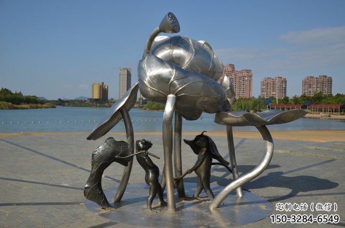 道里蓮蓬嬉戲雕塑，城市植物景觀雕塑，不銹鋼鏡面效果